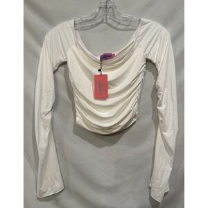 Edikted Women's Crop Off the Shoulder Rauched Long Sleeve Top White Size XS